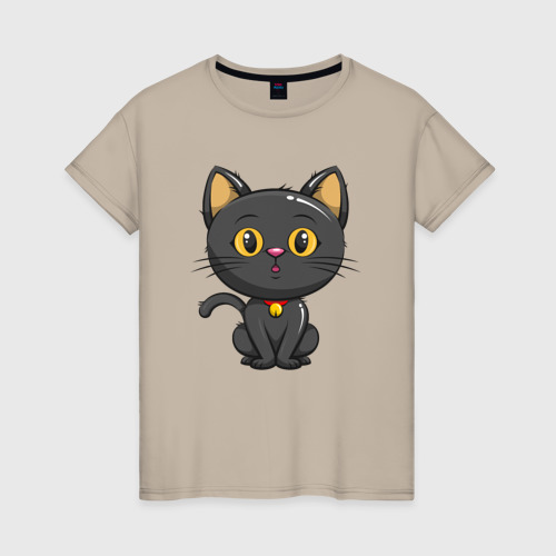Женская футболка хлопок с принтом Черный маленький котенок, вид спереди #2