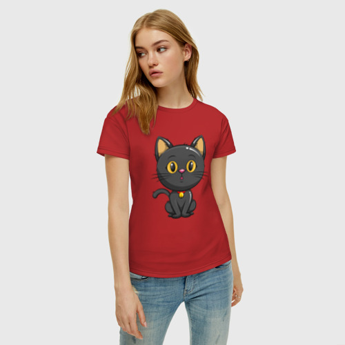 Женская футболка хлопок Черный маленький котенок, цвет красный - фото 3