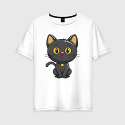 Женская футболка хлопок Oversize Черный маленький котенок