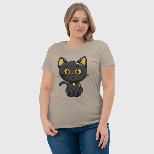 Женская футболка хлопок с принтом Черный маленький котенок, фото #4