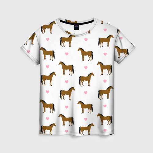 Женская футболка с принтом Кони, лошади, сердца, вид спереди №1