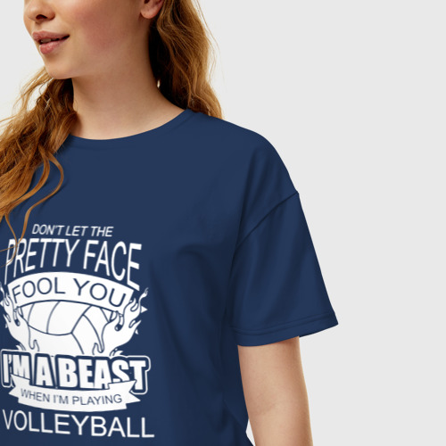 Женская футболка хлопок Oversize Не позволяй красивому лицу обмануть тебя, я зверь, когда играю в волейбол, цвет темно-синий - фото 3
