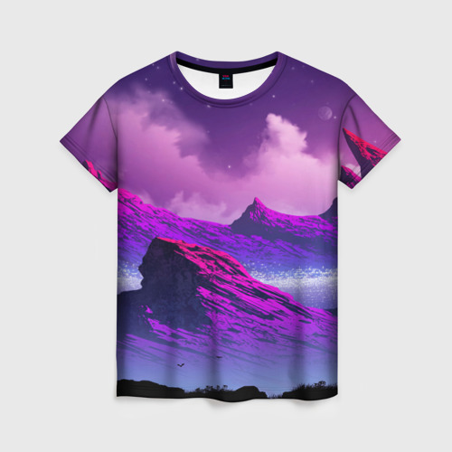 Женская футболка 3D с принтом Горы | Закат | Аниме, вид спереди #2