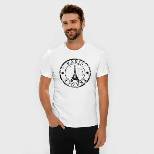 Мужская футболка хлопок Slim с принтом Париж, Франция, Эйфелева башня, фото на моделе #1