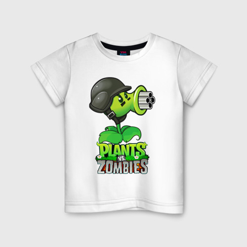 Детская футболка из хлопка с принтом Plants vs. Zombies Горохомёт, вид спереди №1