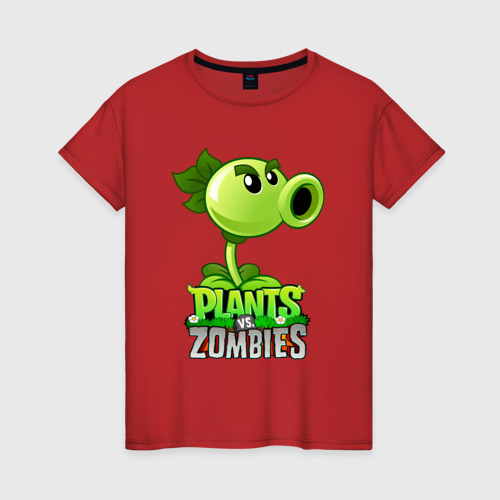 Женская футболка хлопок с принтом Plants vs Zombies Горохострел, вид спереди #2