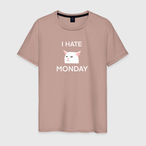 Мужская футболка хлопок I hate monday текст с котом, цвет пыльно-розовый