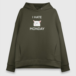 Женское худи Oversize хлопок I hate monday текст с котом