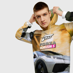 Толстовка с принтом Игрище Forza Horizon 5 для мужчины, вид на модели спереди №3. Цвет основы: белый