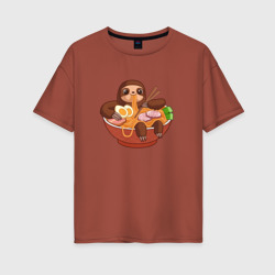 Женская футболка хлопок Oversize Cute Sloth Ramen Noodles