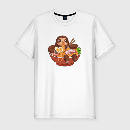 Мужская футболка хлопок Slim с принтом Cute Sloth Ramen Noodles, вид спереди #2