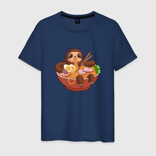 Мужская футболка хлопок Cute Sloth Ramen Noodles, цвет темно-синий