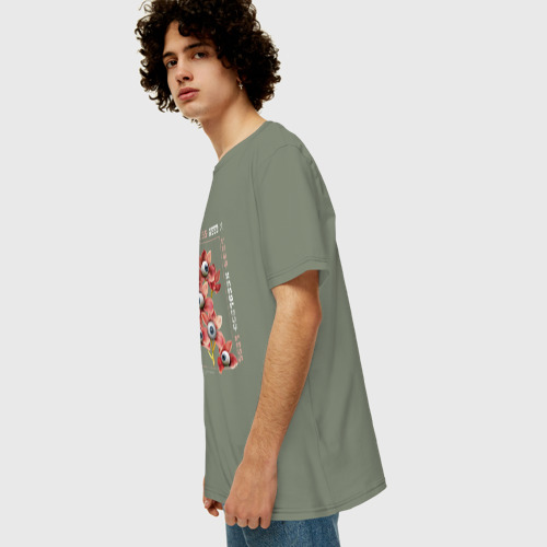 Мужская футболка хлопок Oversize с принтом Цветочки монстры и психоделика, вид сбоку #3