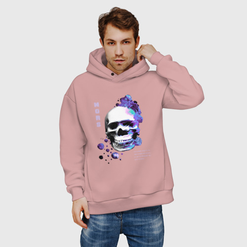 Мужское худи Oversize хлопок 3д череп с неоновым дымом, цвет пыльно-розовый - фото 3