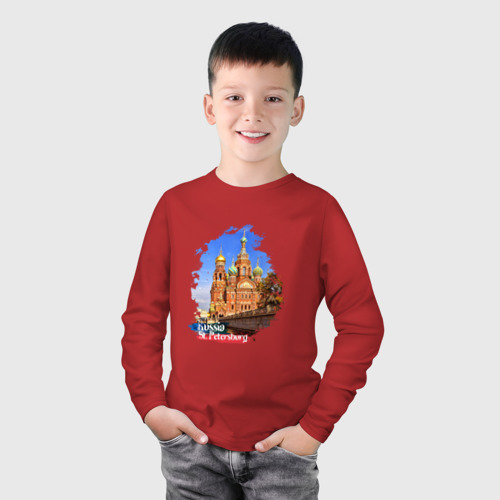 Детский лонгслив хлопок с принтом Путешествие Санкт-Петербург Россия, фото на моделе #1