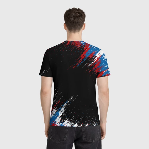 Мужская футболка 3D с принтом Russia Штрихи в цвет Флага, вид сзади #2