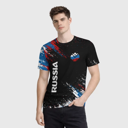 Мужская футболка 3D с принтом Russia Штрихи в цвет Флага, фото на моделе #1