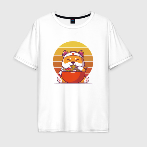 Мужская футболка из хлопка оверсайз с принтом Shiba Inu and Ramen, вид спереди №1
