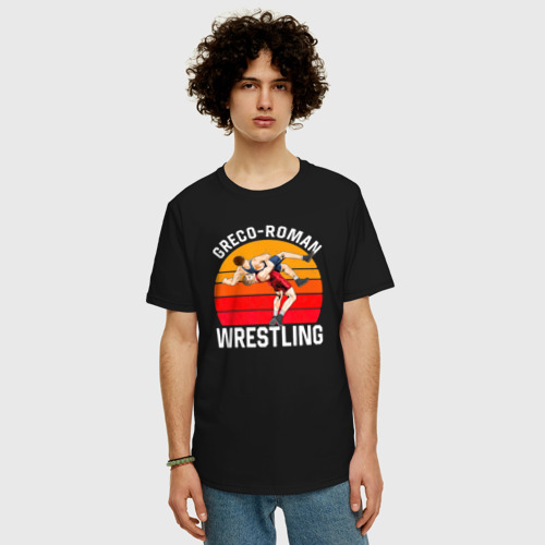 Мужская футболка хлопок Oversize с принтом Greco Roman Wrestling бросок через себя, фото на моделе #1