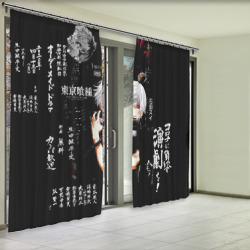 Фотошторы с принтом Токийский Гуль на фоне Иероглифов Tokyo Ghoul для любого человека, вид спереди №2. Цвет основы: габардин
