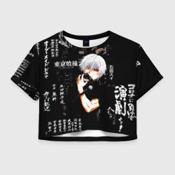 Женская футболка Crop-top 3D Токийский Гуль на фоне Иероглифов Tokyo Ghoul