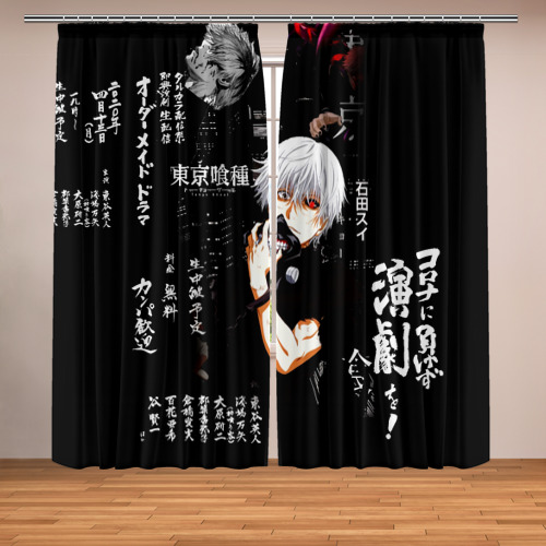 Фотошторы с принтом Токийский Гуль на фоне Иероглифов Tokyo Ghoul, вид спереди №1