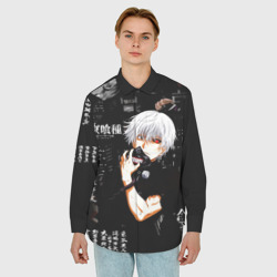 Мужская рубашка oversize 3D Токийский Гуль на фоне Иероглифов Tokyo Ghoul - фото 2