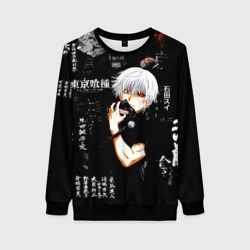 Женский свитшот 3D Токийский Гуль на фоне Иероглифов Tokyo Ghoul