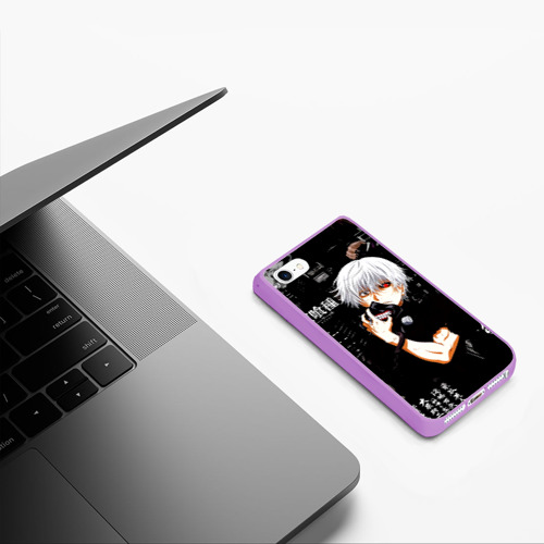 Чехол для iPhone 5/5S матовый Токийский Гуль на фоне Иероглифов Tokyo Ghoul, цвет сиреневый - фото 5