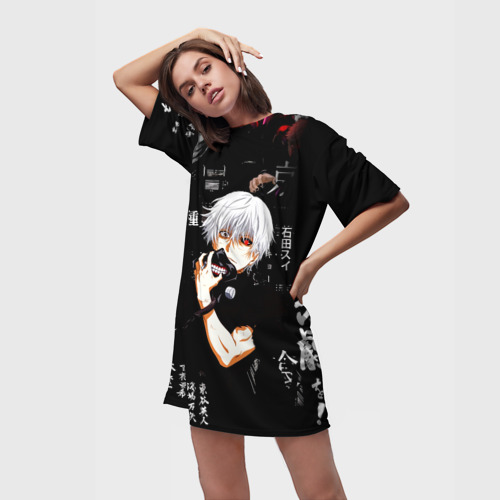 Платье-футболка 3D Токийский Гуль на фоне Иероглифов Tokyo Ghoul, цвет 3D печать - фото 3