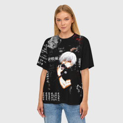 Женская футболка oversize 3D Токийский Гуль на фоне Иероглифов Tokyo Ghoul - фото 2