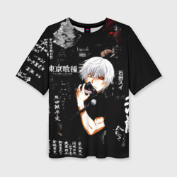 Женская футболка oversize 3D Токийский Гуль на фоне Иероглифов Tokyo Ghoul