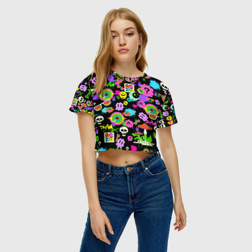 Женская футболка Crop-top 3D Acid Pop-art emoji, цвет 3D печать - фото 3