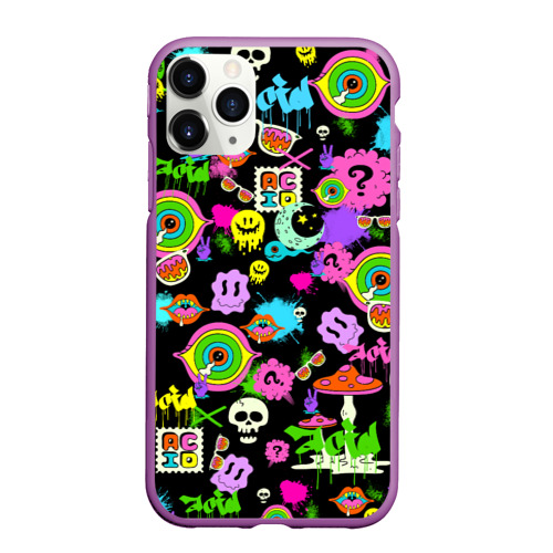 Чехол для iPhone 11 Pro Max матовый Acid Pop-art emoji, цвет фиолетовый