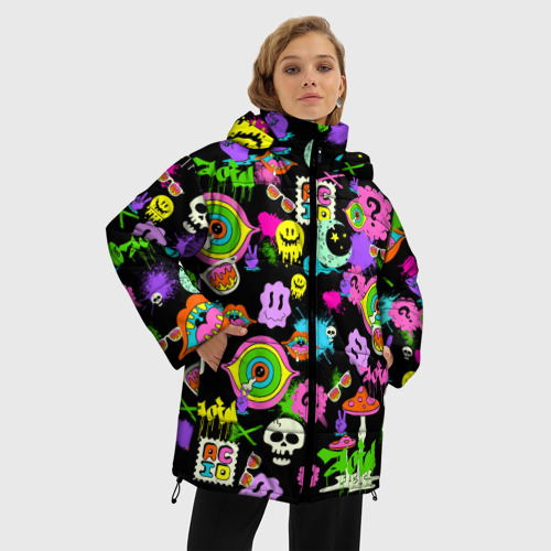 Женская зимняя куртка Oversize Acid Pop-art emoji, цвет черный - фото 3