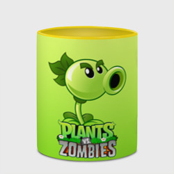 Кружка с принтом Plants vs. Zombies - Горохострел для любого человека, вид спереди №4. Цвет основы: белый + желтый