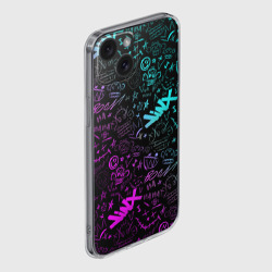 Чехол для iPhone 15 силиконовый с защитой камеры League Of Legends - Arcane неон логотипы - фото 2