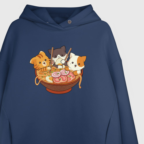 Женское худи Oversize хлопок Kawaii Cat Ramen, цвет темно-синий - фото 3