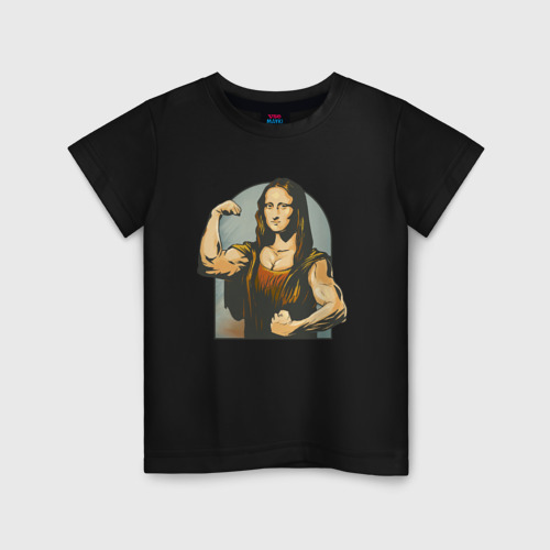 Детская футболка хлопок с принтом Мона Лиза и бодибилдинг, вид спереди #2