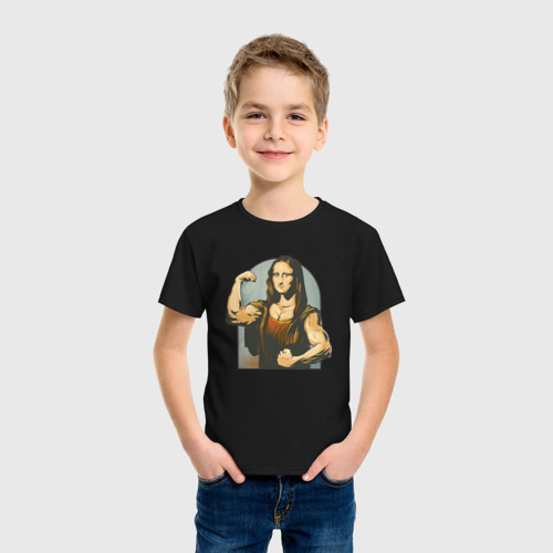 Детская футболка хлопок с принтом Мона Лиза и бодибилдинг, фото на моделе #1