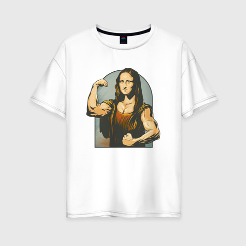 Женская футболка из хлопка оверсайз с принтом Мона Лиза и бодибилдинг, вид спереди №1