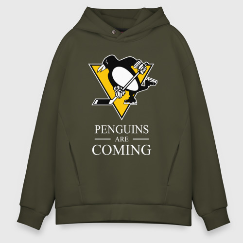 Мужское худи Oversize хлопок Penguins are coming, Pittsburgh Penguins, Питтсбург Пингвинз, цвет хаки