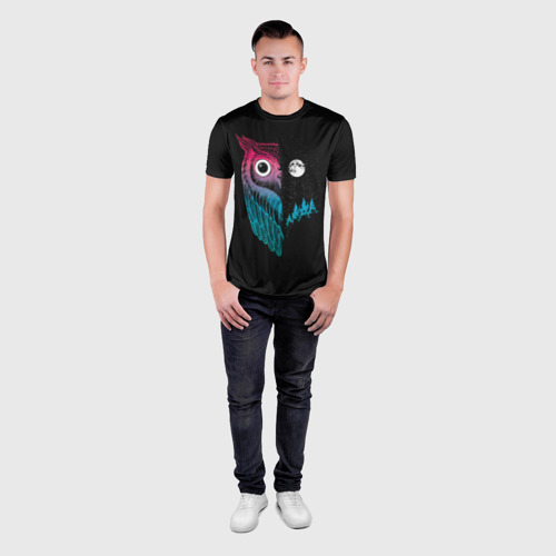 Мужская футболка 3D Slim с принтом Ночная сова | Градиент, вид сбоку #3
