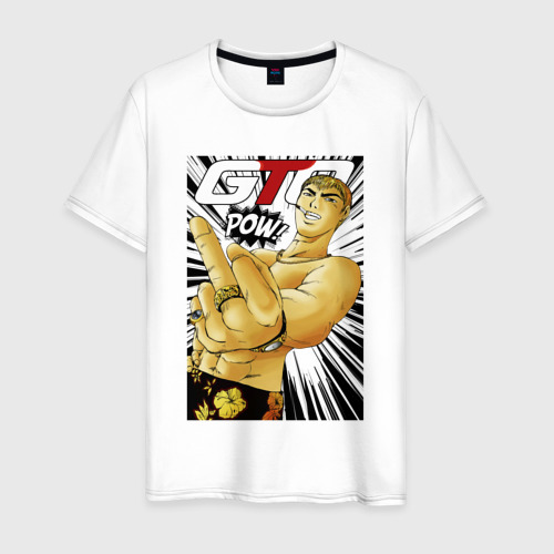 Мужская футболка из хлопка с принтом Onizuka fuck pow, вид спереди №1