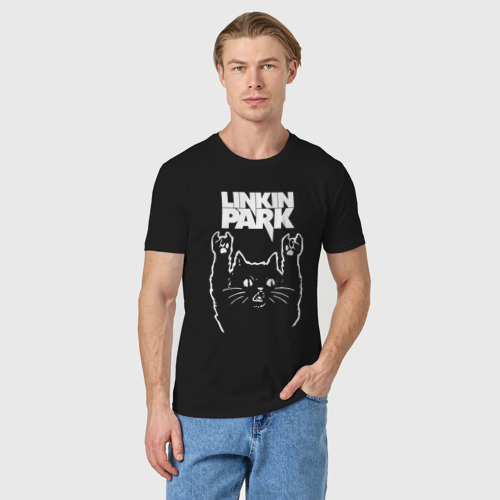 Мужская футболка хлопок Linkin Park, Линкин Парк, Рок кот, цвет черный - фото 3