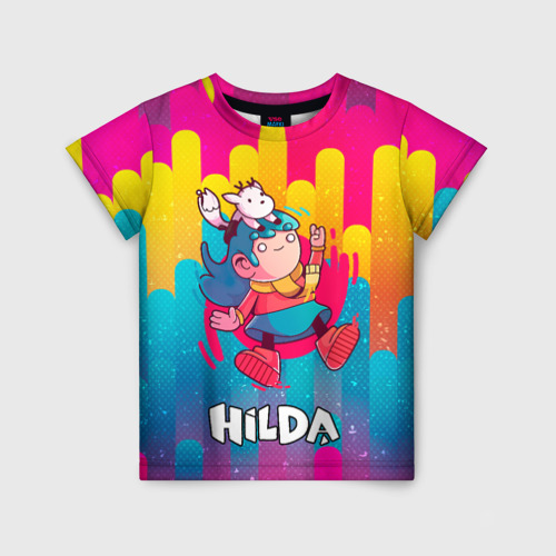 Детская футболка с принтом Хильда радужный фон, вид спереди №1