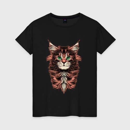 Женская футболка хлопок Котёнок мейн-кун, цвет черный