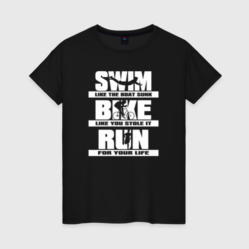 Женская футболка хлопок Плавай, езди на велосипеде, бегай, цвет черный