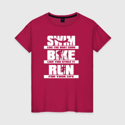 Женская футболка хлопок Плавай, езди на велосипеде, бегай