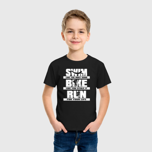 Детская футболка хлопок Плавай, езди на велосипеде, бегай, цвет черный - фото 3